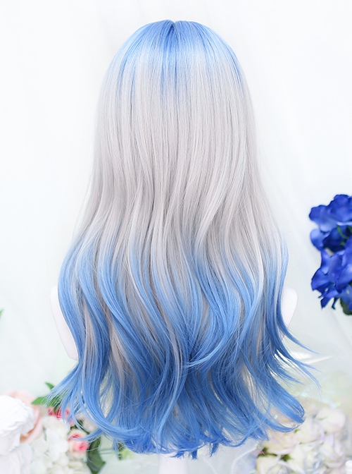 Gray Dyed Blue Curly Hair Air Bangs Long Hair Sweet Lolita Wig