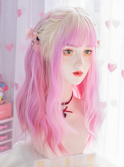 White Peach Early Summer Series Golden Powder Purple Three-Color Gradient Mid-Length Curly Hair Bangs Fantasy Girl Sweet Lolita Wig