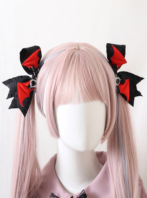 Landmine Series Demon Wings Pair Clip Bowknot Wooden Ear Rhinestone Decoration Gothic Lolita Hair Clip