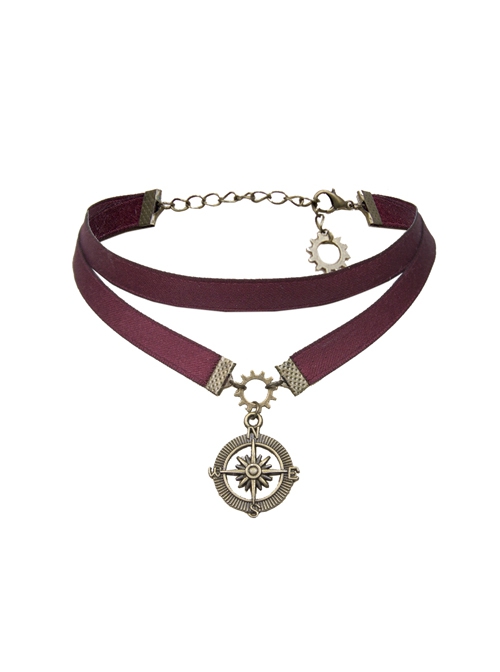 Double Ribbon Bronze-Tone Metal Compass Necklace Punk Lolita Necklace