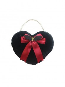 Black Plush Heart Bow Decorated Devil Wings Cross Pearl Chain Sweet Lolita Bag