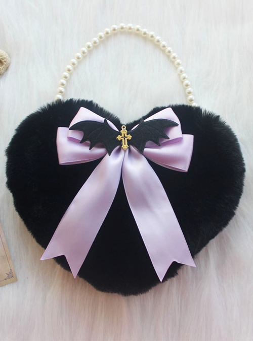 Black Plush Heart Bow Decorated Devil Wings Cross Pearl Chain Sweet Lolita Bag