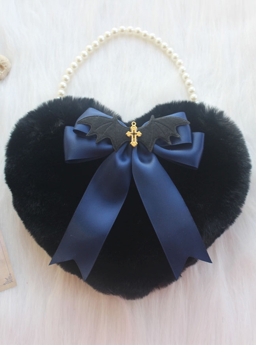 Black Plush Heart Bow Decorated Devil Wings Cross Pearl Chain Sweet Lolita Bag