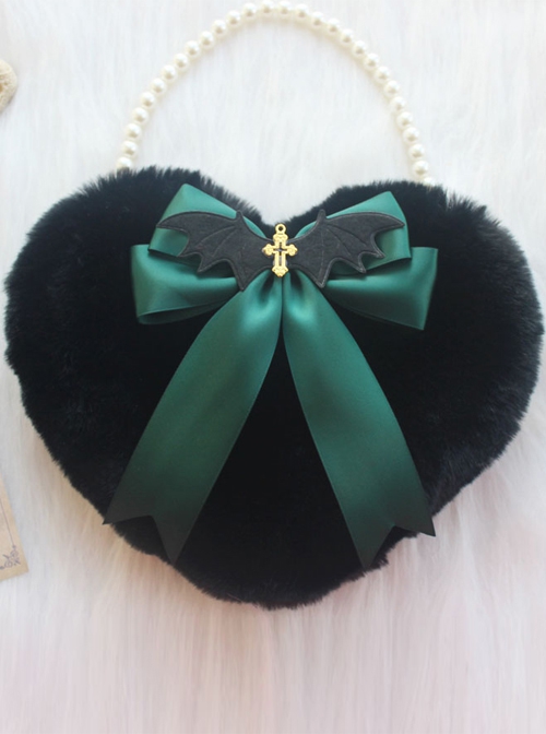 Black Plush Heart Bow Decorated Devil Wings Cross Pearl Chain Sweet Lolita Bag