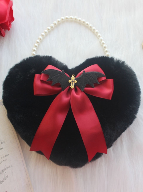 Black Plush Heart Bow Decorated Devil Wings Cross Pearl Chain Sweet Lolita Bag