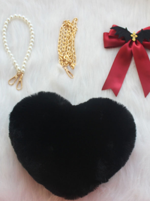 Black Plush Heart Bow Decorated Devil Wings Cross Pearl Chain Sweet Lolita Bag