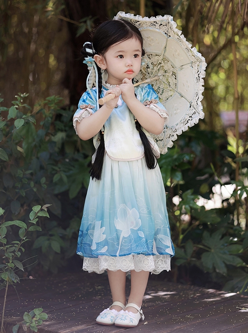 Chinese Style Buckle Lace Decoration Cute Printed Kids Hanfu Top Skirt Set