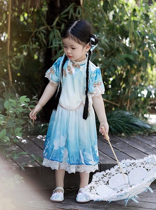 Chinese Style Buckle Lace Decoration Cute Printed Kids Hanfu Top Skirt Set