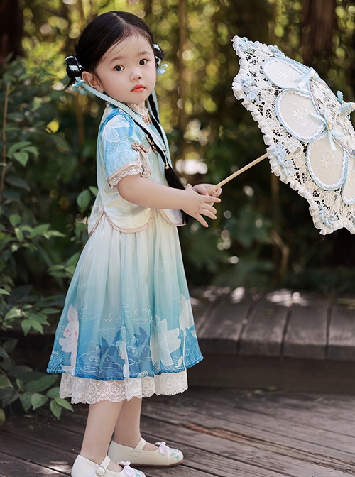 Chinese Style Buckle Lace Decoration Cute Printed Kids Hanfu Top Skirt Set