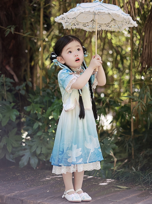 Chinese Style Buckle Lace Decoration Cute Printed Kids Hanfu Top Skirt Set