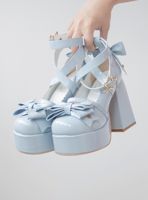 Round Toe Patent Leather Shoes Bowknot Decoration Cross Straps High Heel Sweet Lolita Shoes