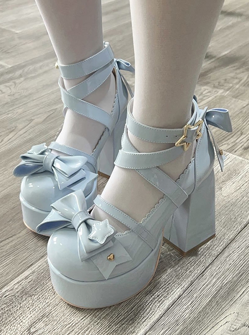 Round Toe Patent Leather Shoes Bowknot Decoration Cross Straps High Heel Sweet Lolita Shoes