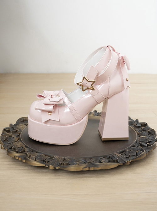 Round Toe Patent Leather Shoes Bowknot Decoration Cross Straps High Heel Sweet Lolita Shoes