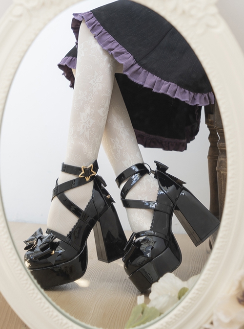 Round Toe Patent Leather Shoes Bowknot Decoration Cross Straps High Heel Sweet Lolita Shoes