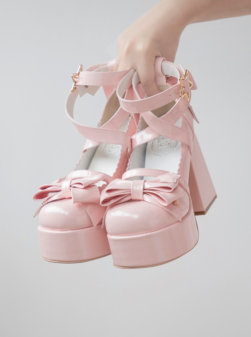 Round Toe Patent Leather Shoes Bowknot Decoration Cross Straps High Heel Sweet Lolita Shoes