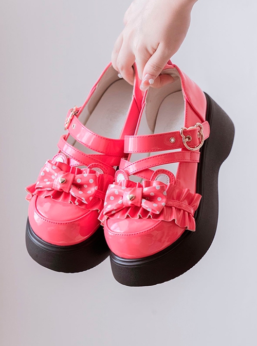 Bear-Shaped Polka-Dot Bowknot Decoration Thick-Soled Round-Toe Sweet Lolita Shoes