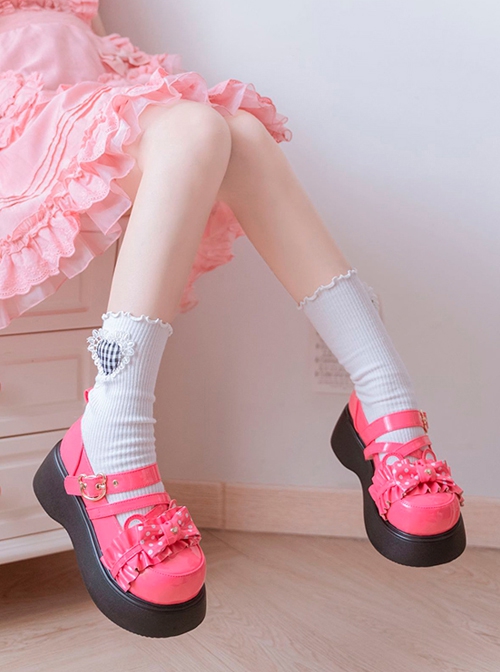 Bear-Shaped Polka-Dot Bowknot Decoration Thick-Soled Round-Toe Sweet Lolita Shoes