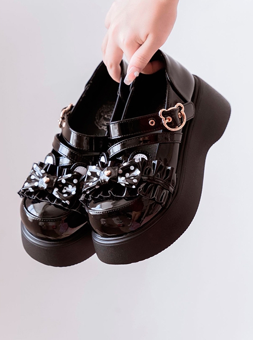 Bear-Shaped Polka-Dot Bowknot Decoration Thick-Soled Round-Toe Sweet Lolita Shoes