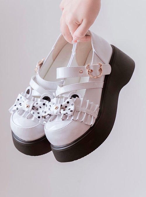 Bear-Shaped Polka-Dot Bowknot Decoration Thick-Soled Round-Toe Sweet Lolita Shoes