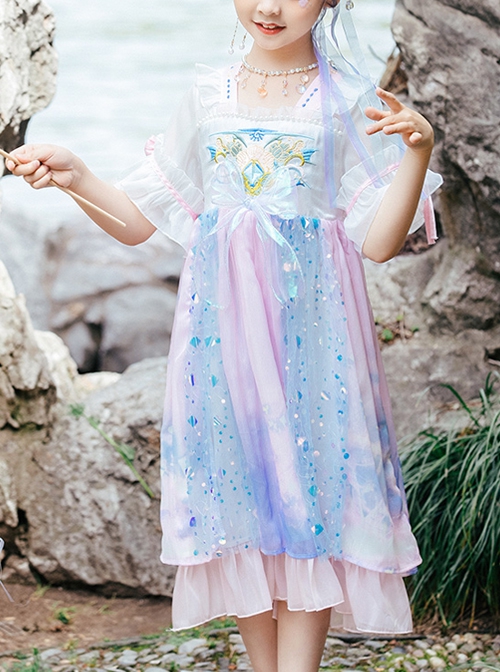 Chinese Style Chiffon Embroidery Ink Sequin Bow Decoration Layered Skirt Kids Hanfu Dress