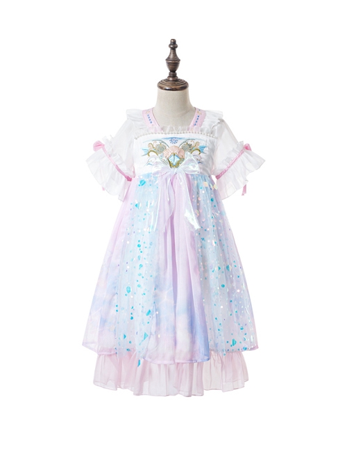 Chinese Style Chiffon Embroidery Ink Sequin Bow Decoration Layered Skirt Kids Hanfu Dress