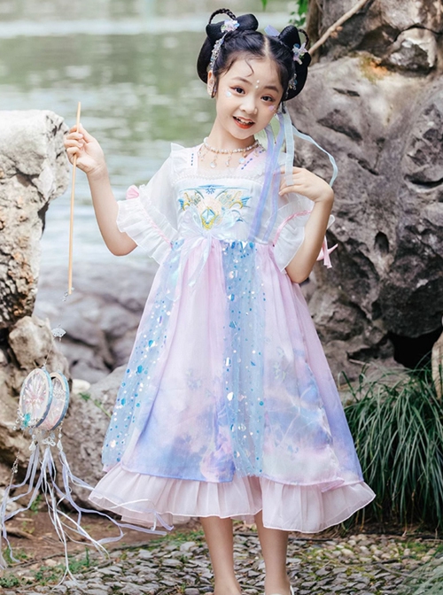 Chinese Style Chiffon Embroidery Ink Sequin Bow Decoration Layered Skirt Kids Hanfu Dress