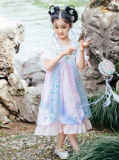 Chinese Style Chiffon Embroidery Ink Sequin Bow Decoration Layered Skirt Kids Hanfu Dress