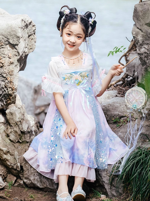 Chinese Style Chiffon Embroidery Ink Sequin Bow Decoration Layered Skirt Kids Hanfu Dress