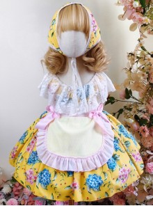 Pastoral Style Yellow Floral Foreign Style Hollow Lace Classic Lolita Kids Sleeveless Dress