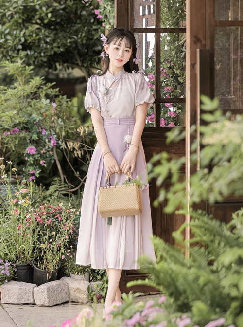 Purple Butterfly Iris Series Chinese Style Daily Stand Collar Suspenders Long Skirt Pearl Tassel Pendant Printed Decorative Hanfu Set