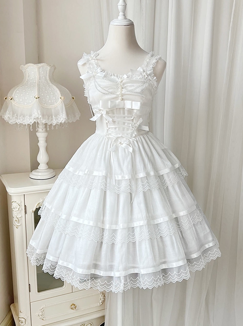 Romantic Party Series Pearl Chain Bowknot Lace Decorative Sweet Lolita Sleeveless Dress