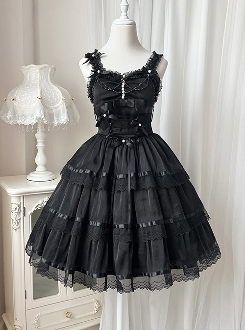 Romantic Party Series Pearl Chain Bowknot Lace Decorative Sweet Lolita Sleeveless Dress