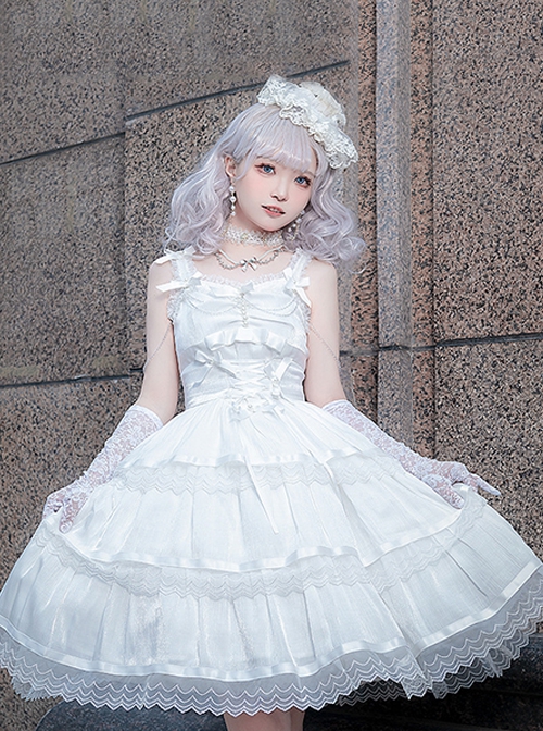Romantic Party Series Pearl Chain Bowknot Lace Decorative Sweet Lolita Sleeveless Dress