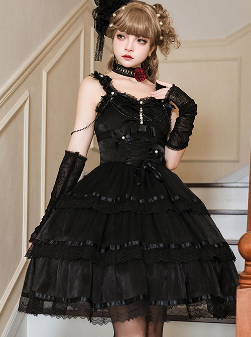 Romantic Party Series Pearl Chain Bowknot Lace Decorative Sweet Lolita Sleeveless Dress