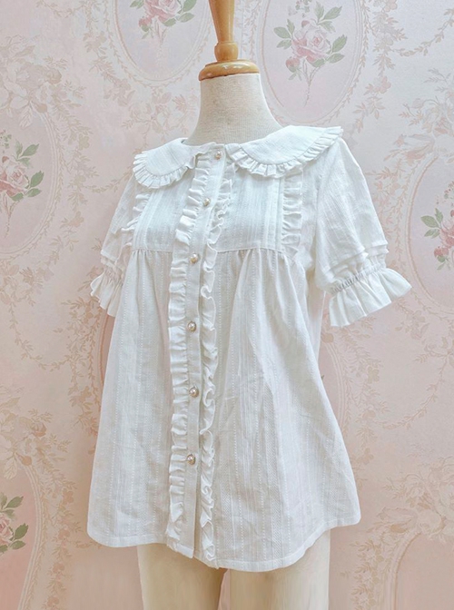 Doll Neck Ruffle Pearl Button Jacquard Short Sleeve Sweet Lolita Shirt