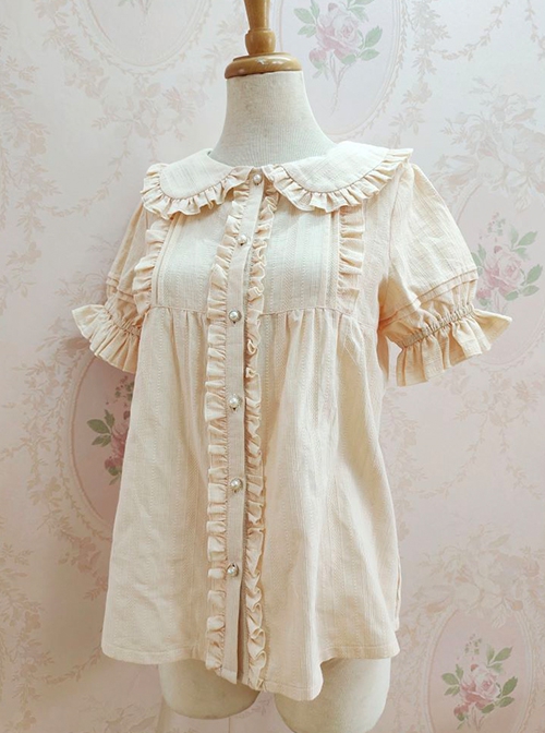 Doll Neck Ruffle Pearl Button Jacquard Short Sleeve Sweet Lolita Shirt