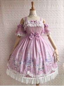 Unicorn's Secret Garden Series Gorgeous Elegant Printed Bow Knot Lace Trim Sweet Lolita Dress