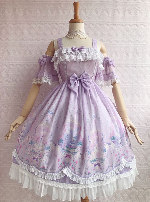 Unicorn's Secret Garden Series Gorgeous Elegant Printed Bow Knot Lace Trim Sweet Lolita Dress