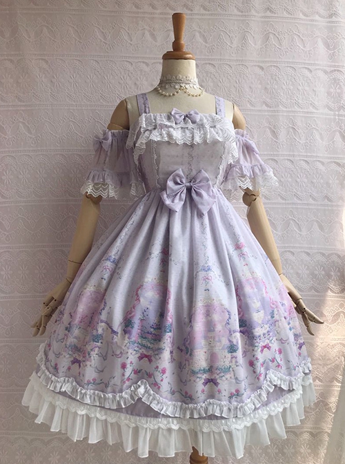 Unicorn's Secret Garden Series Gorgeous Elegant Printed Bow Knot Lace Trim Sweet Lolita Dress