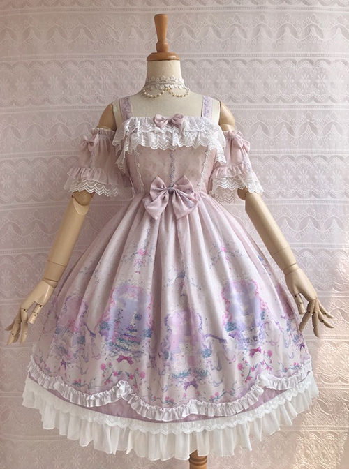 Unicorn's Secret Garden Series Gorgeous Elegant Printed Bow Knot Lace Trim Sweet Lolita Dress