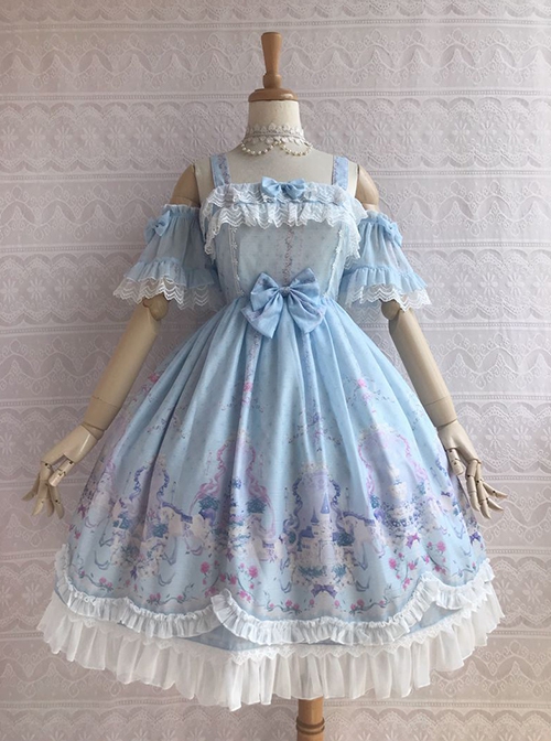 Unicorn's Secret Garden Series Gorgeous Elegant Printed Bow Knot Lace Trim Sweet Lolita Dress