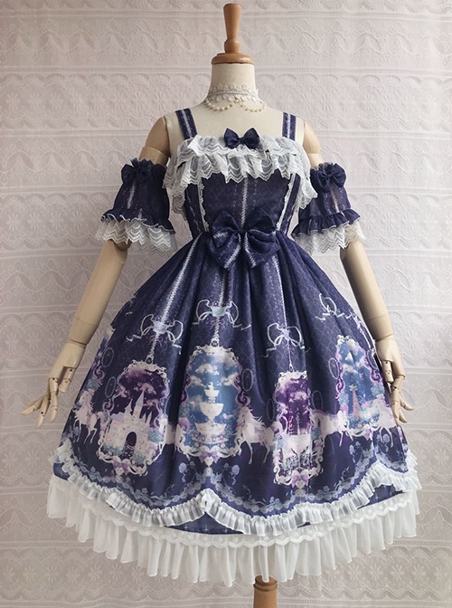 Unicorn's Secret Garden Series Gorgeous Elegant Printed Bow Knot Lace Trim Sweet Lolita Dress