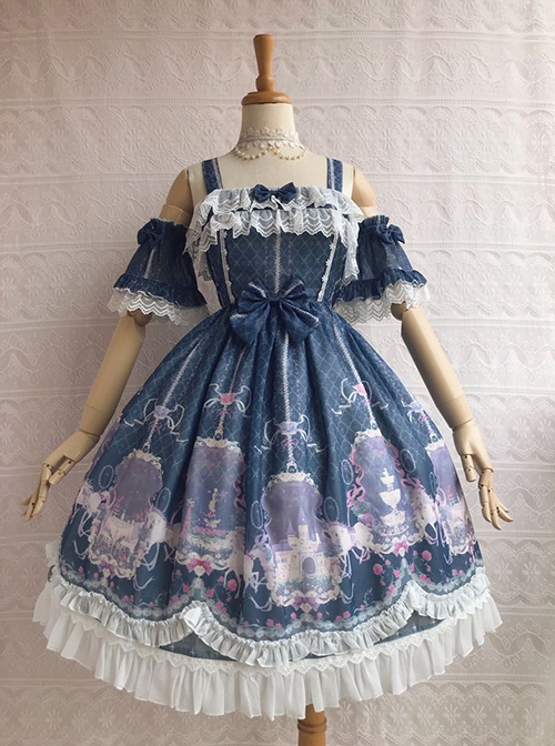 Unicorn's Secret Garden Series Gorgeous Elegant Printed Bow Knot Lace Trim Sweet Lolita Dress