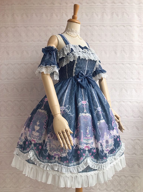 Unicorn's Secret Garden Series Gorgeous Elegant Printed Bow Knot Lace Trim Sweet Lolita Dress