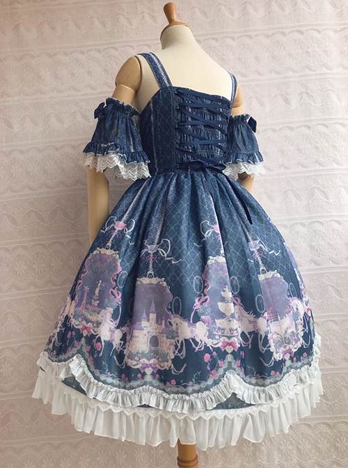 Unicorn's Secret Garden Series Gorgeous Elegant Printed Bow Knot Lace Trim Sweet Lolita Dress