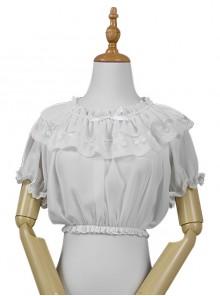 Pure Color Dropped Shoulders Puff Sleeves Bowknot Ruffle Elastic Hem Sweet Lolita Shirt