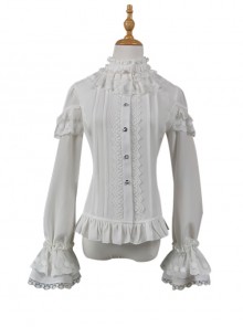 Pure Color Ruffled Stand Collar Slim Fit Bell Sleeves Lace Button Trim Classic Lolita Shirt