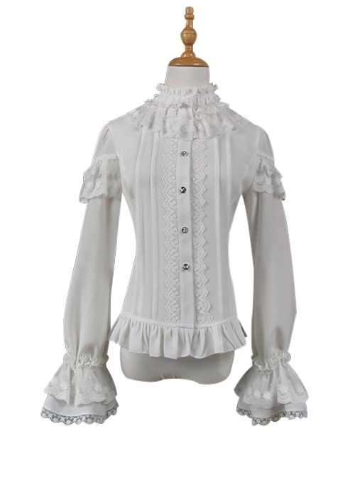 Pure Color Ruffled Stand Collar Slim Fit Bell Sleeves Lace Button Trim Classic Lolita Shirt
