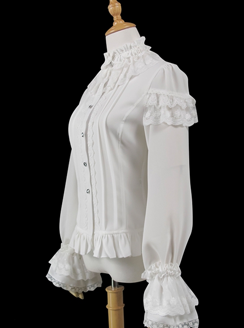 Pure Color Ruffled Stand Collar Slim Fit Bell Sleeves Lace Button Trim Classic Lolita Shirt
