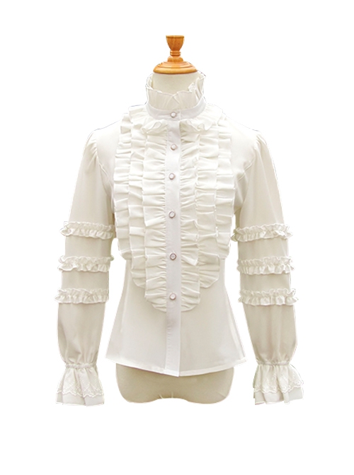 Pure Color Stand Collar Fashion Ruffle Puff Sleeve Slim Long Sleeve Classic Lolita Shirt